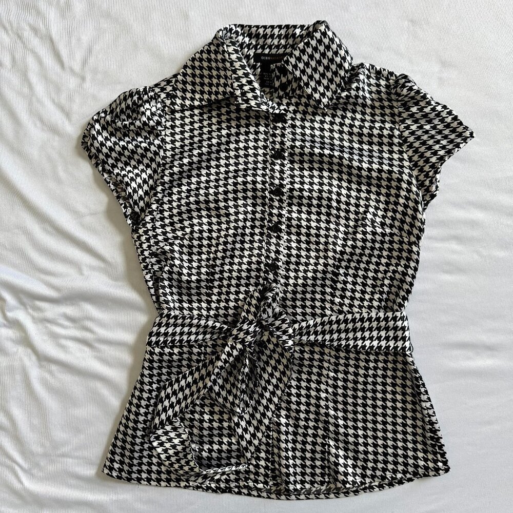 BCBGMAXAZRIA Black & White Houndstooth Cap Sleeve Belted Silhouette Blouse XS